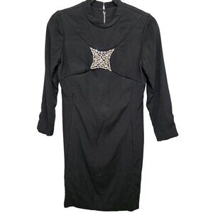 VTG Black Mini Hippie Dress Y2K 80s Boho Rhinestone & Pearl Embellishment 3/4 Sl